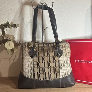 Carolina Herrera CH Patterned Alma shape Shoulder Bag in Brown and Tan